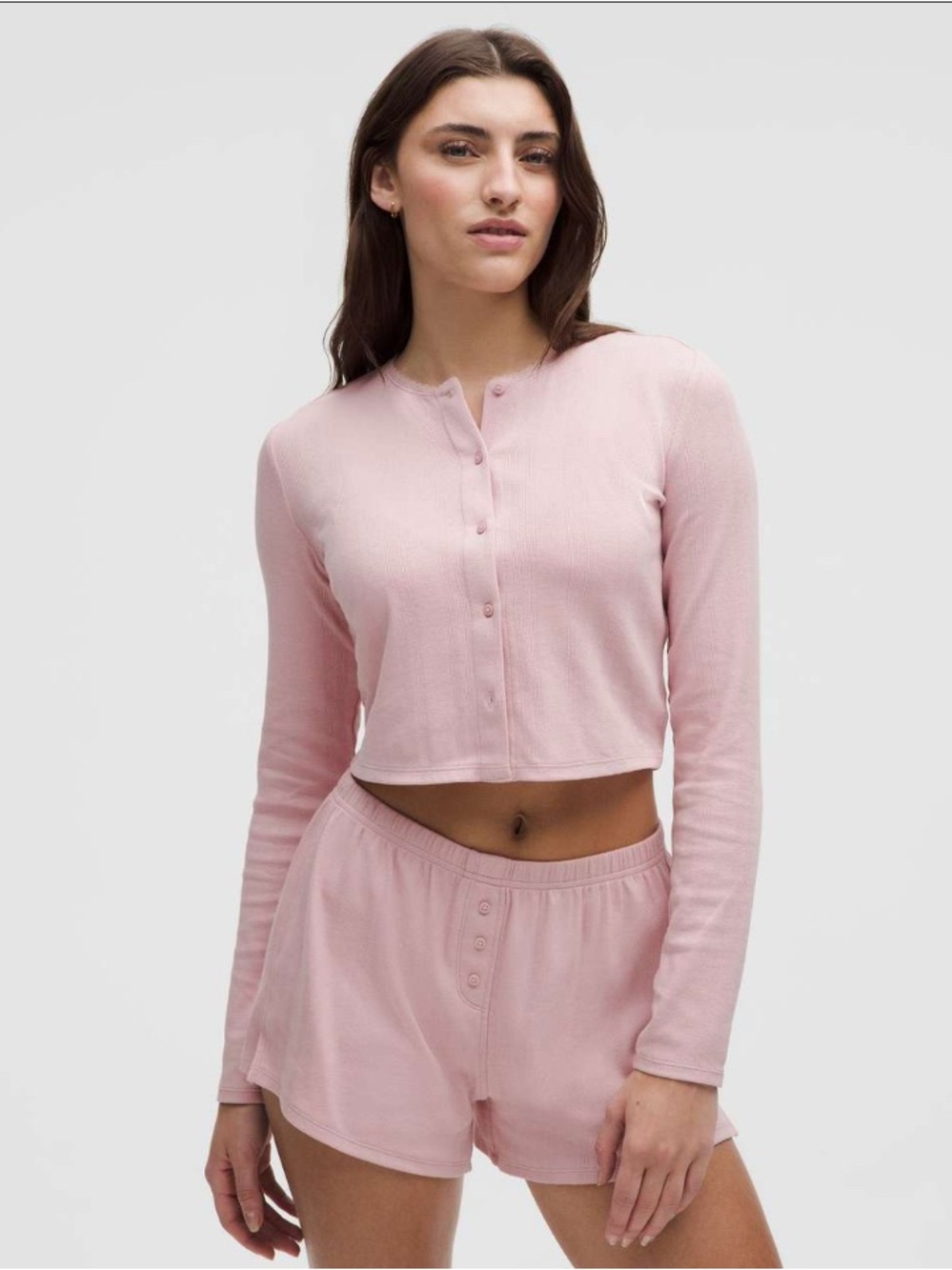 Lululemon Athletica Pointelle Cropped Button Up Henley Long Sleeve Top Pink M-L